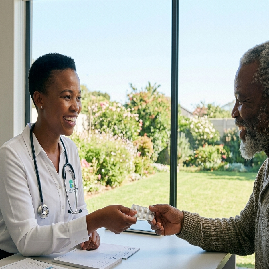 Doctor handing a prescription to a patient at Puri Pharm Pharmacy