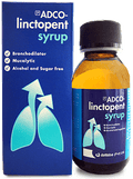 Adco-linctopent syrup bottle and packaging with blue background