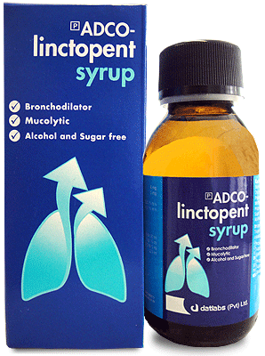 Adco-linctopent syrup bottle and packaging with blue background