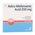 Box of Adco-Mefenamic Acid 250 mg capsules with red and blue design.