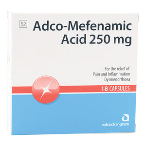 Box of Adco-Mefenamic Acid 250 mg capsules with red and blue design.
