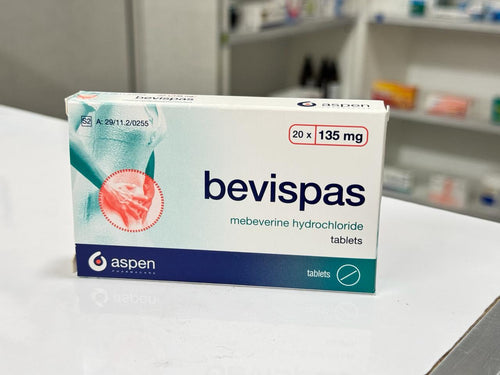 Box of bevispas mebeverine hydrochloride tablets by aspen on a table in a pharmacy setting.