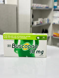 Box of Buscopan 10 mg tablets on a surface with a blurred background