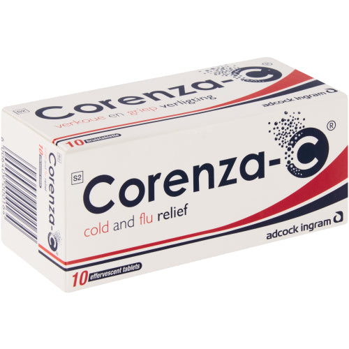 Box of Corenza-C cold and flu relief tablets on a white background