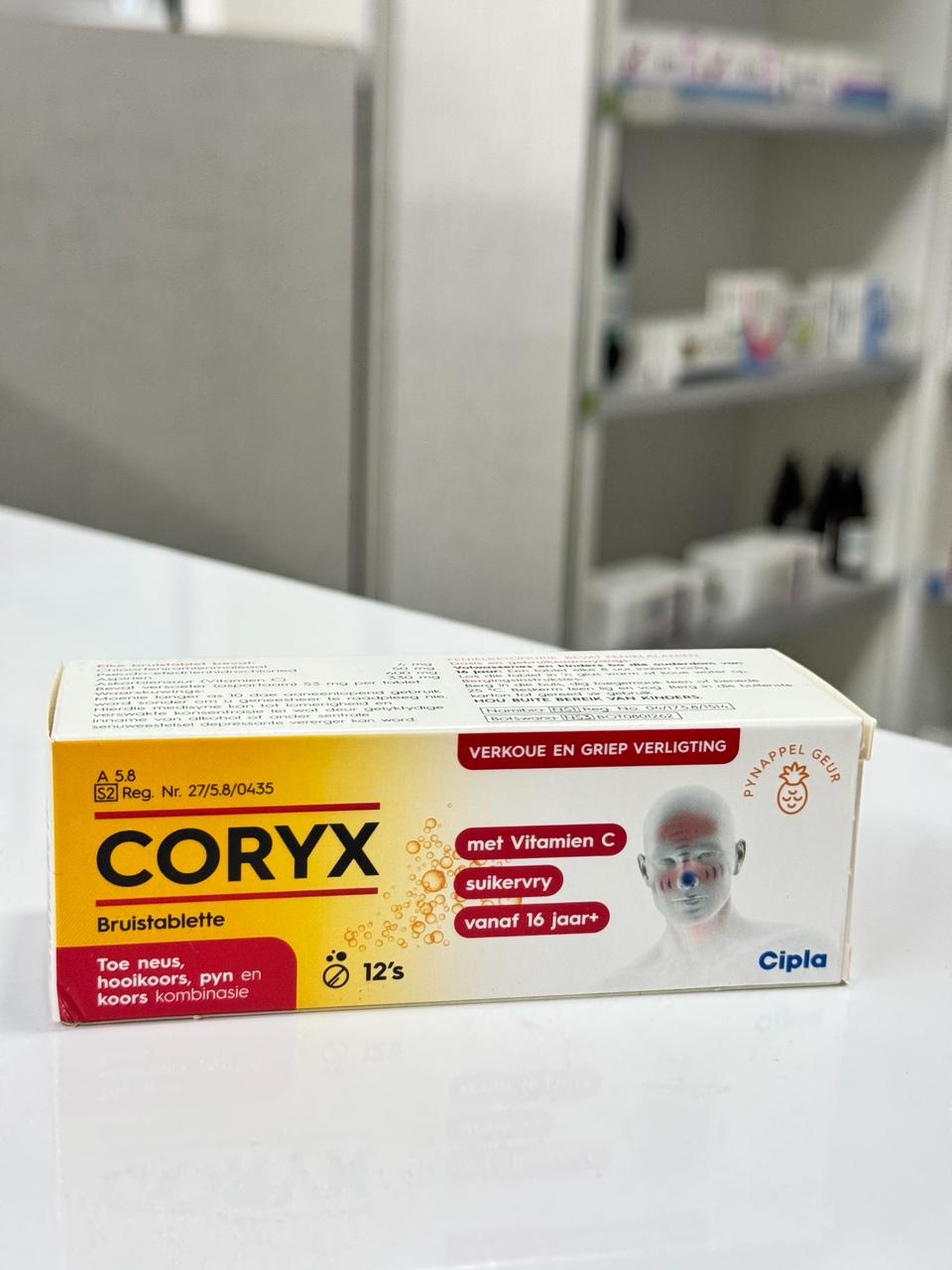 Coryx packaging on a surface with a blurred background
