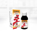 Coryx pediatric cold & flu syrup packaging with a red bear illustration on a white background