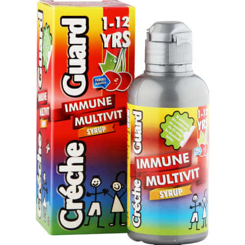 Guard immune multivitamin syrup packaging with colorful box and bottle on a white background