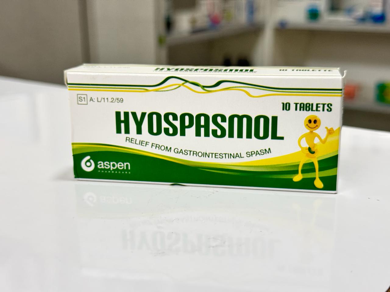 Box of Hyospasmol tablets on a white surface
