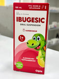 IBUGESIC oral suspension packaging with a cartoon green dragon on a red background