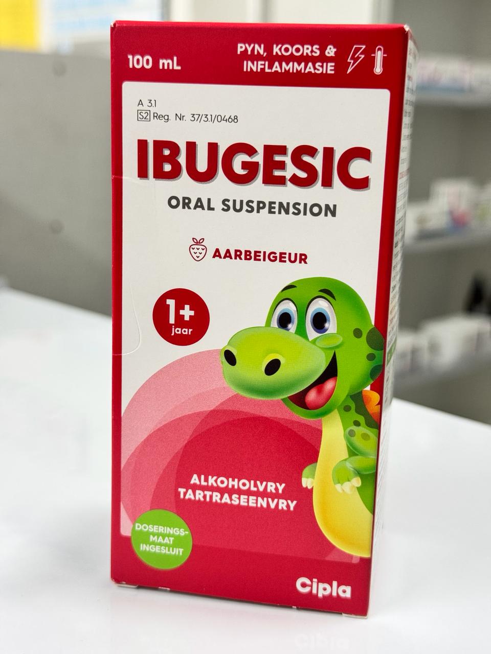 IBUGESIC oral suspension packaging with a cartoon green dragon on a red background