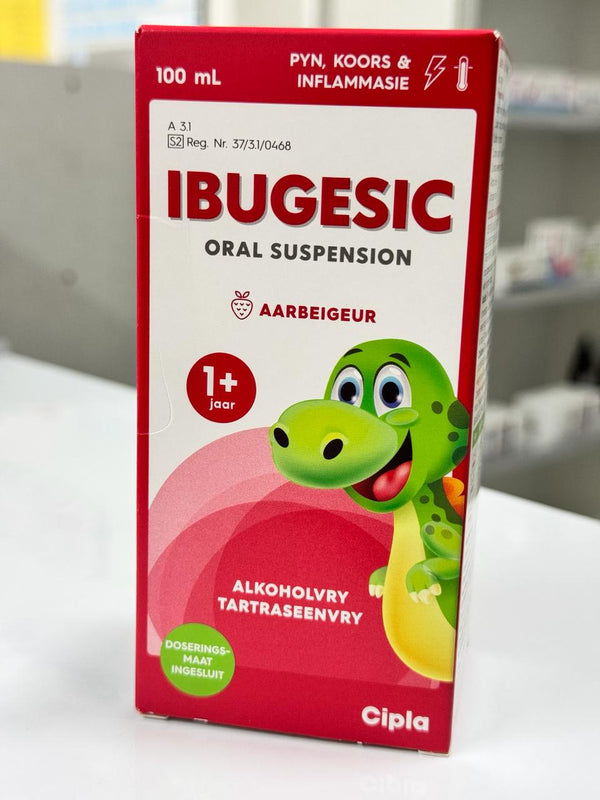 IBUGESIC oral suspension packaging with a cartoon green dragon on a red background