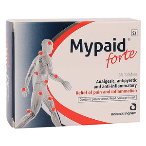 Mypaid Forte packaging with a human figure and pain points on a white background