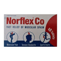 Box of Norflex Co for fast relief of muscular spasms with icons and text on a white background