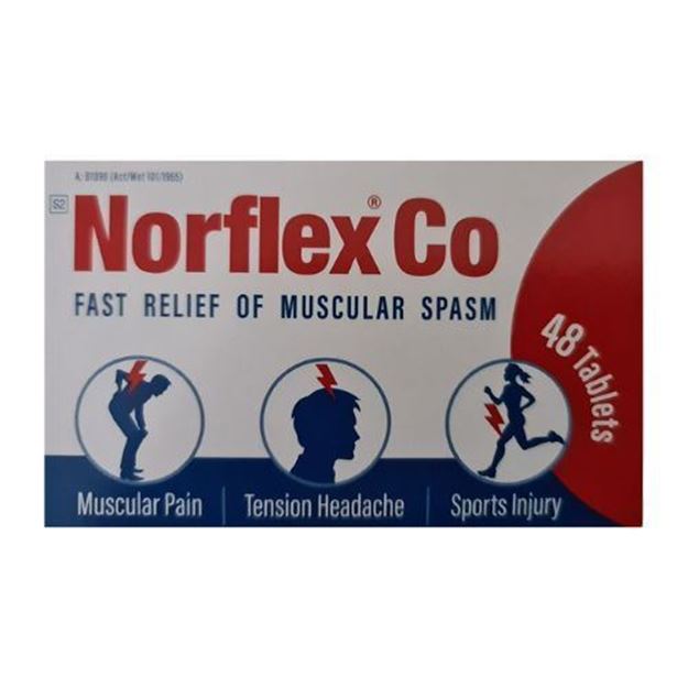 Box of Norflex Co for fast relief of muscular spasms with icons and text on a white background