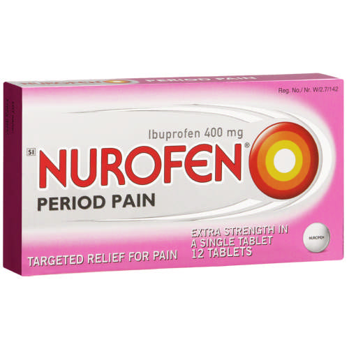 Nurofen period pain relief tablet box on a white background