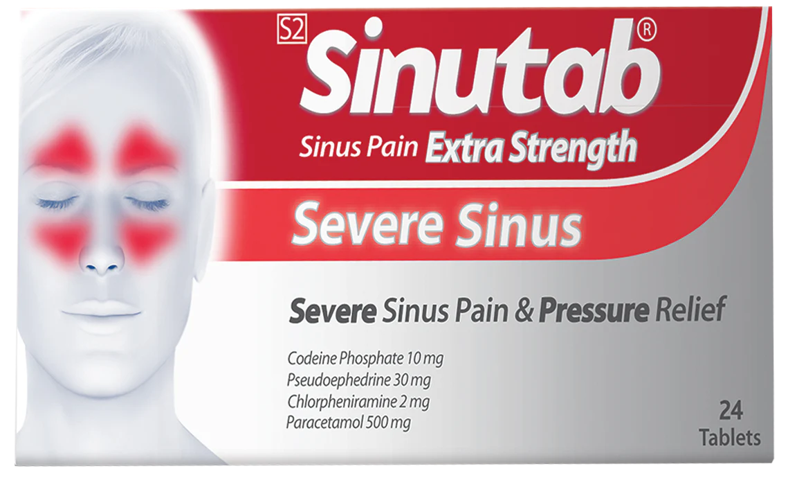 Sinutab Extra Strength Severe Sinus Pain Relief packaging with a person showing sinus pain.