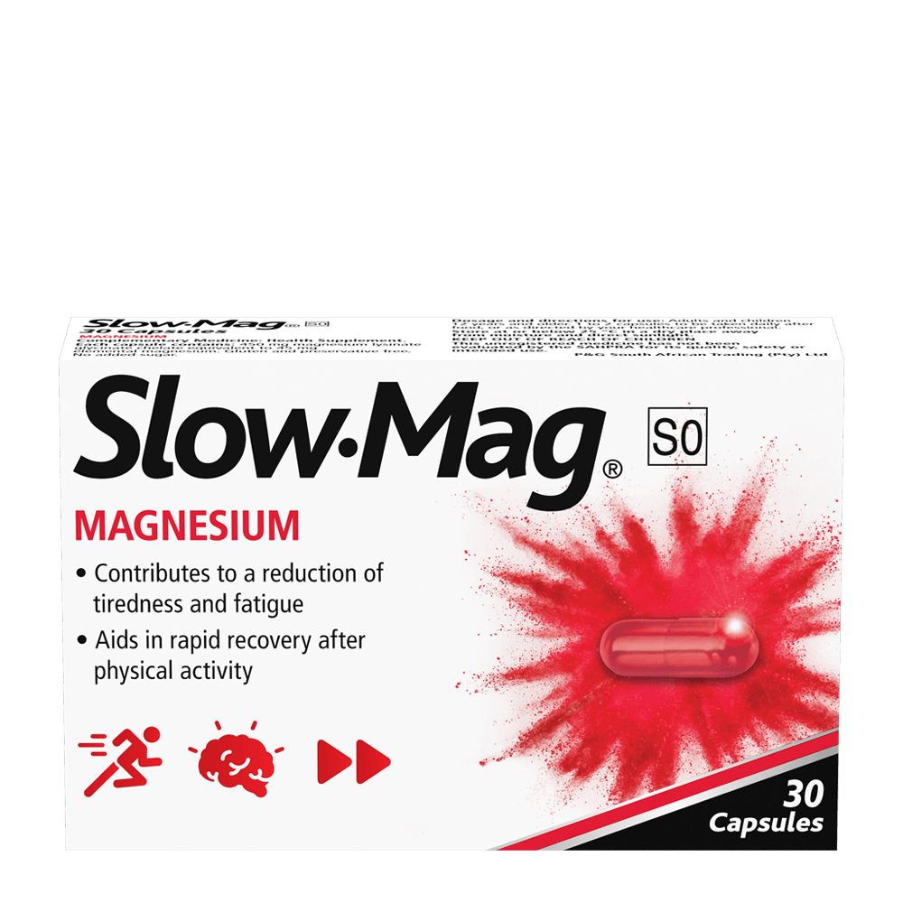 Box of Slow-Mag magnesium supplement with red capsule illustration on a white background