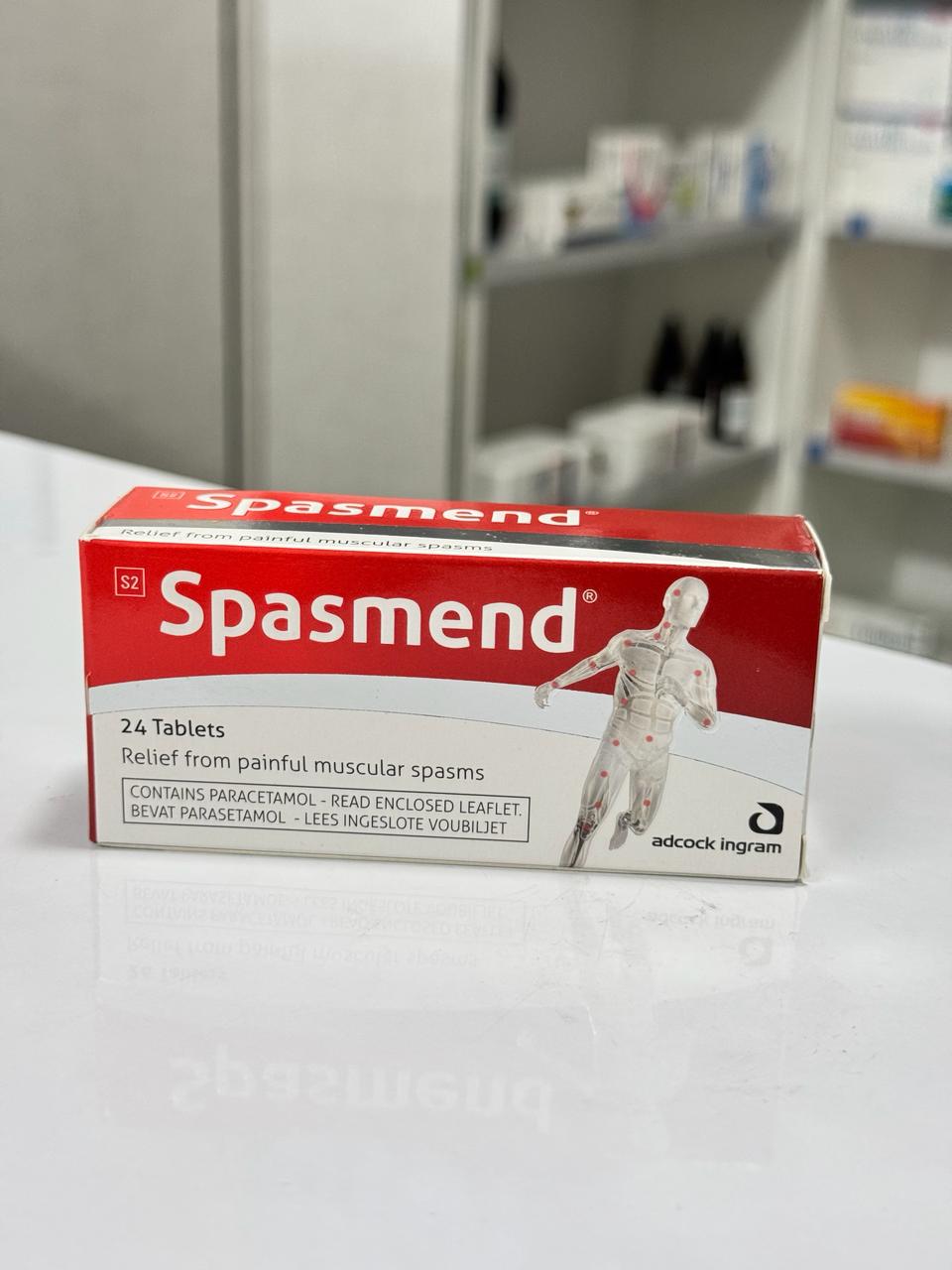 Box of Spasmend tablets on a surface with a blurred background