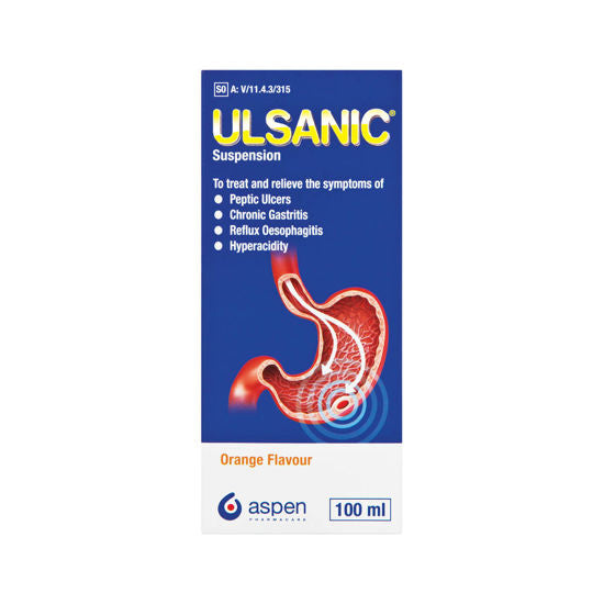 Ulsanic Suspension packaging with a blue background and stomach illustration.
