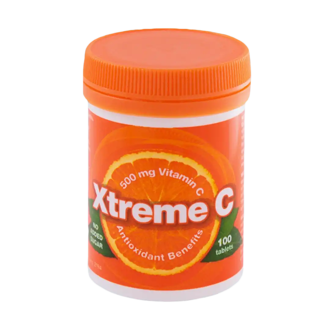 Orange container of Xtreme C vitamin supplement on a white background